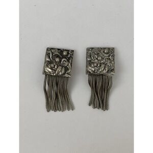 Vintage Clip On Earrings High Relief Scrollwork With Tassels Art Nouveau